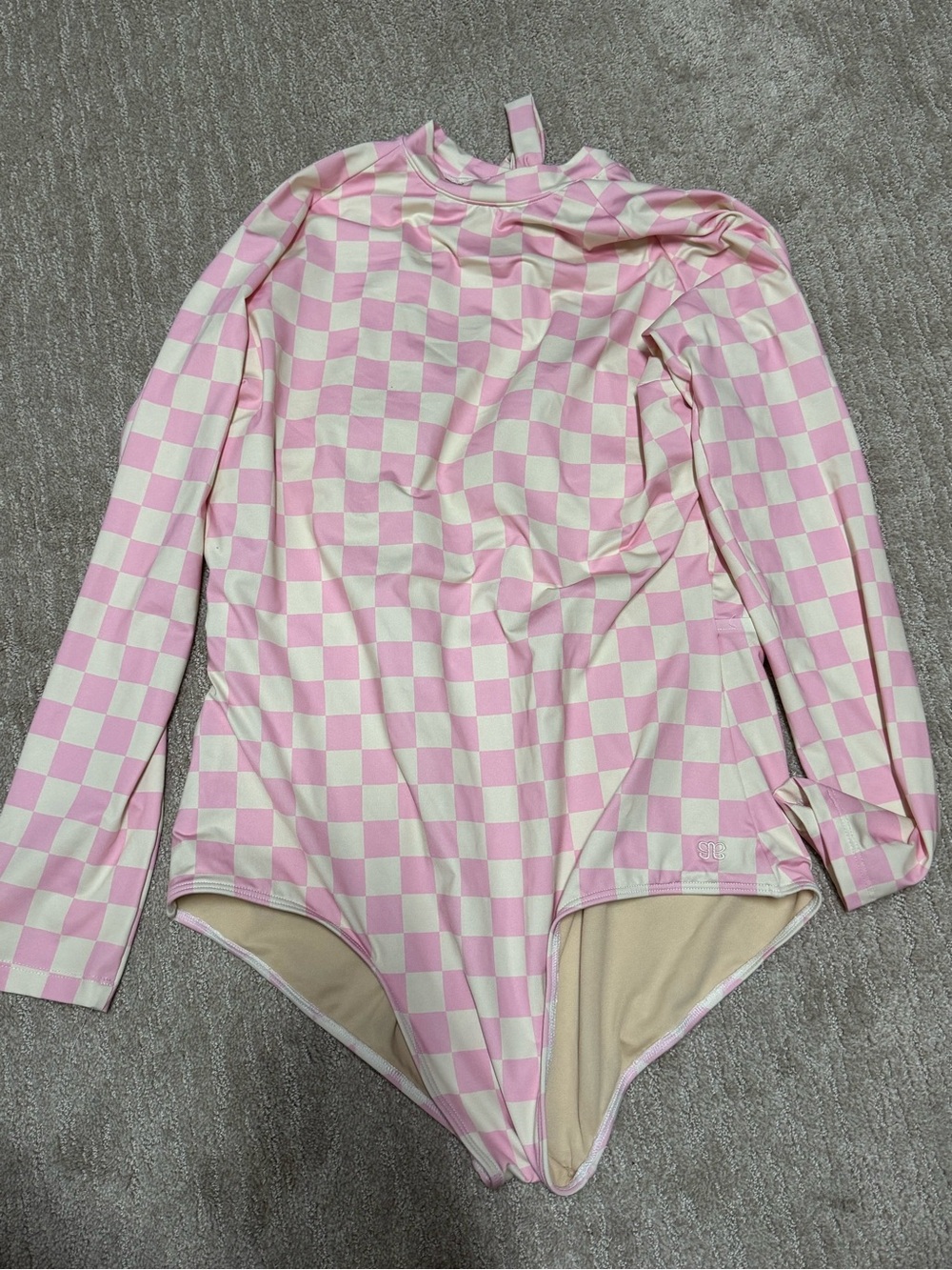 Albion Pink and Cream Checkerboard Long-Sleeve One-Piece